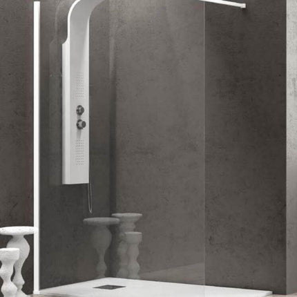 Parete doccia walk-in trasparente 8mm H200cm profili bianco opaco con colonna doccia bianca e piatto filo pavimento