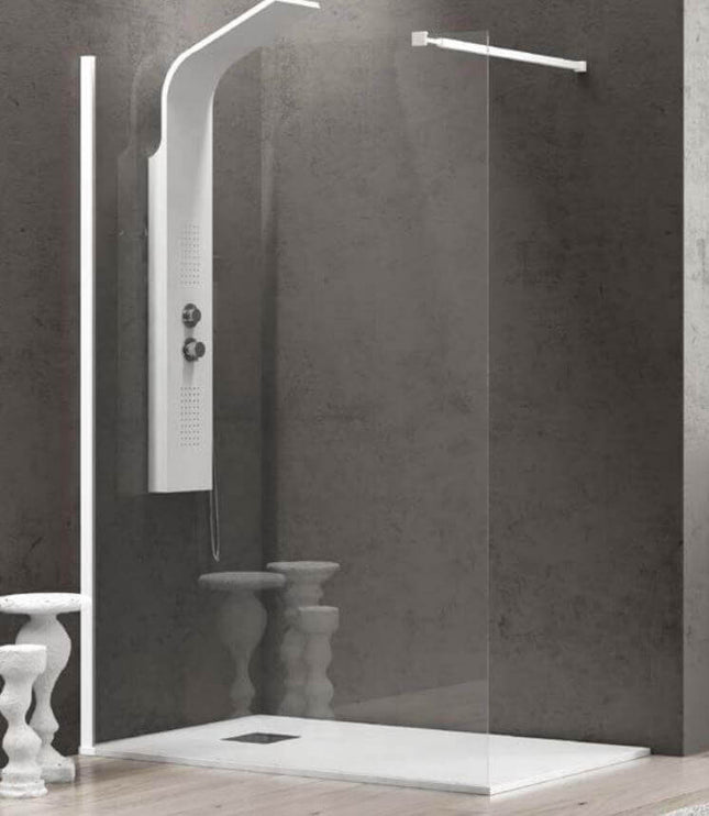 Parete doccia walk-in trasparente 8mm H200cm profili bianco opaco con colonna doccia bianca e piatto filo pavimento