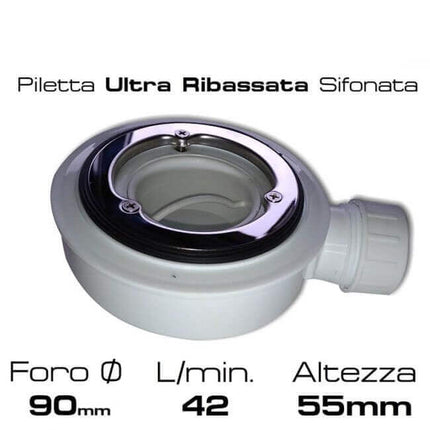 Piletta ultra ribassata sifonata cromata H55mm per piatto doccia, foro 90mm, scarico 42 L/min, dettaglio tecnico