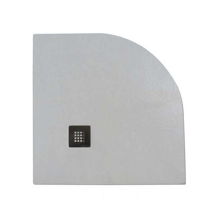 Piatto doccia semicircolare mineral marmo bianco spessore 2,8cm, vista dall'alto con piletta scarico cromata quadrata