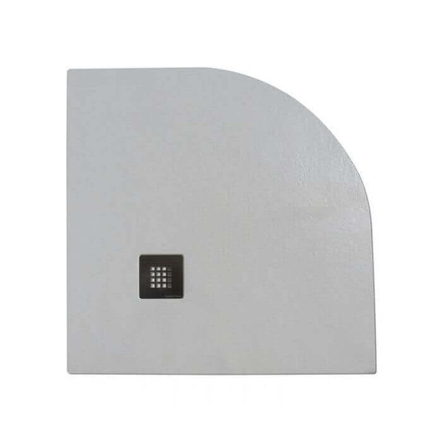 Piatto doccia semicircolare mineral marmo bianco spessore 2,8cm, vista dall'alto con piletta scarico cromata quadrata