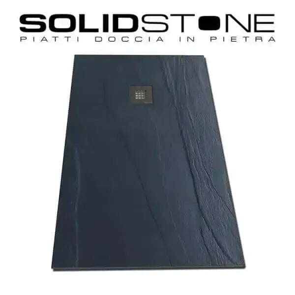 Piatto doccia antracite effetto ardesia con logo brand SolidStone Piatti Doccia in Pietra, vista frontale dall'alto