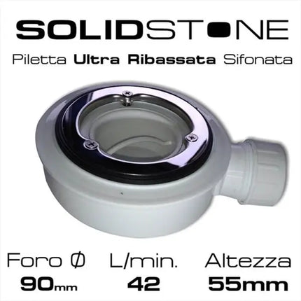 Piletta ultra ribassata sifonata cromata H55mm SolidStone per piatto doccia, foro 90mm, scarico 42 L/min, dettaglio