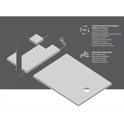 Schema tecnico piatto doccia SolidStone completamente reversibile, smaltato 4 lati e riducibile su misura, infografica