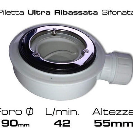 Piletta ultra ribassata sifonata cromata H55mm per piatto doccia, foro 90mm, scarico 42 L/min, dettaglio tecnico