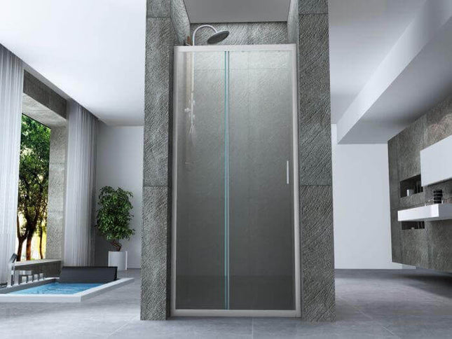 Porta doccia in nicchia anta scorrevole cristallo opaco 6mm H190cm, profili cromati, ambientata in bagno moderno con rivestimento grigio