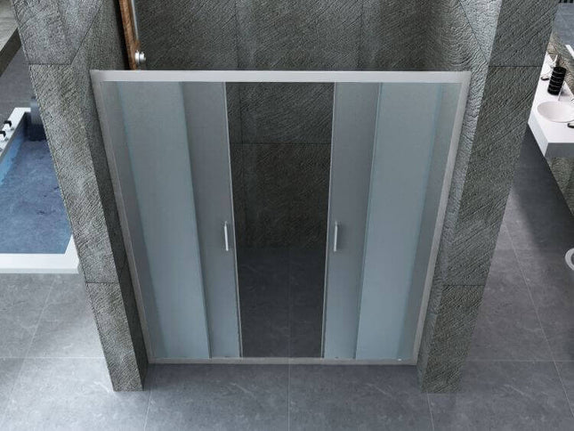 Porta doccia doppia anta scorrevole ingresso centrale cristallo opaco 6mm H190cm, vista frontale in nicchia grigia, profili cromati