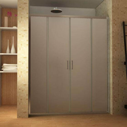 Porta doccia opaca doppia scorrevole 6mm H190 ingresso centrale, ambientata in bagno caldo con mosaico beige e scaffale legno