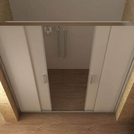 Porta doccia opaca ingresso centrale 6mm H190 con doppia anta aperta, bagno con rivestimento mosaico effetto legno dall'alto