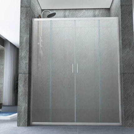 Porta doccia doppia anta scorrevole opaca 6mm H190 ingresso centrale, vista ampia frontale in ambiente moderno grigio chiaro