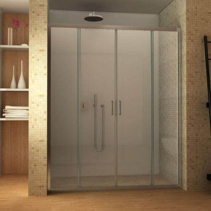 Porta doccia doppia scorrevole trasparente 6mm H190 ingresso centrale, ambientata in bagno con rivestimento mosaico beige