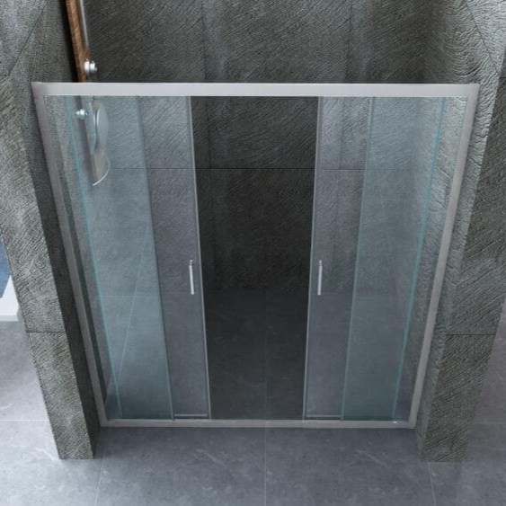 Porta doccia doppia anta scorrevole ingresso centrale cristallo trasparente 6mm H190cm, render 3D vista frontale, profili cromati