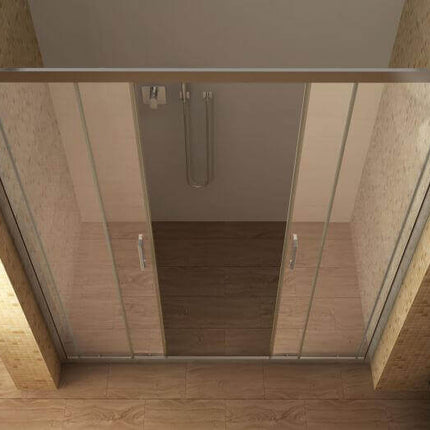 Porta doccia ingresso centrale trasparente 6mm H190 con doppia anta aperta verso il centro, bagno piastrellato effetto legno