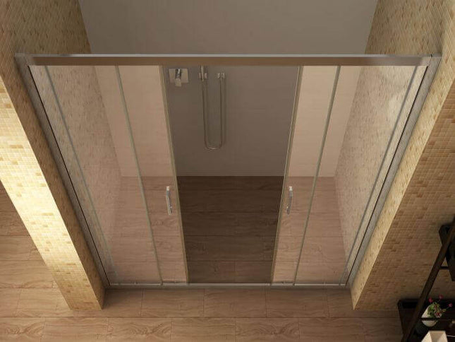 Porta doccia ingresso centrale trasparente 6mm H190 con doppia anta aperta verso il centro, bagno piastrellato effetto legno