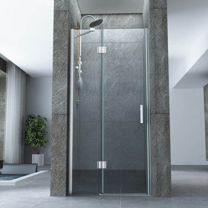 Porta doccia battente a due ante Aries per nicchia H195 cristallo 8mm, vista frontale completa in bagno ampio con soffione, profili cromati