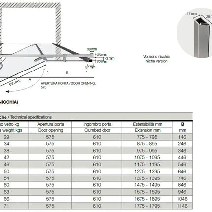 Schema tecnico porta doccia battente Infinity 8mm per nicchia: pianta dimensionale con tabella misure da 80 a 180cm