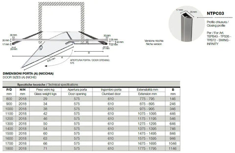 Schema tecnico porta doccia battente Infinity 8mm per nicchia: pianta dimensionale con tabella misure da 80 a 180cm