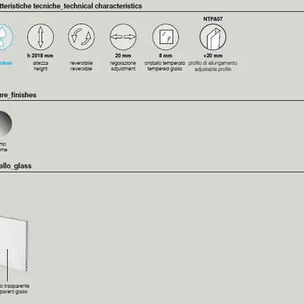 Scheda caratteristiche tecniche porta doccia battente Infinity 8mm: altezza 2018mm, finitura cromo, cristallo trasparente anticalcare