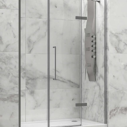 Porta doccia battente H200 cristallo trasparente anticalcare 8mm, anta fissa e anta mobile profili cromo, bagno marmo bianco