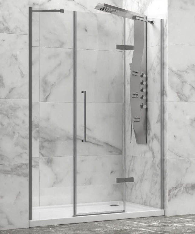 Porta doccia battente H200 cristallo trasparente anticalcare 8mm, anta fissa e anta mobile profili cromo, bagno marmo bianco