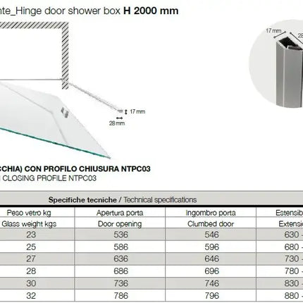 Schema tecnico porta doccia battente Swing 6mm per nicchia: pianta dimensionale con tabella misure da 65 a 90cm, profilo NTPC03
