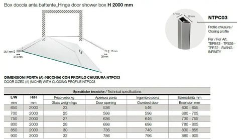 Schema tecnico porta doccia battente Swing 6mm per nicchia: pianta dimensionale con tabella misure da 65 a 90cm, profilo NTPC03