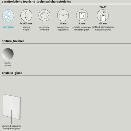 Scheda caratteristiche tecniche porta doccia battente Swing 6mm: altezza 2000mm, finitura cromo, cristallo temperato easy clean