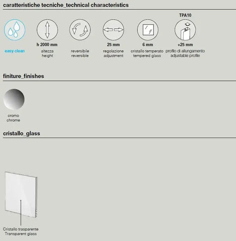 Scheda caratteristiche tecniche porta doccia battente Swing 6mm: altezza 2000mm, finitura cromo, cristallo temperato easy clean