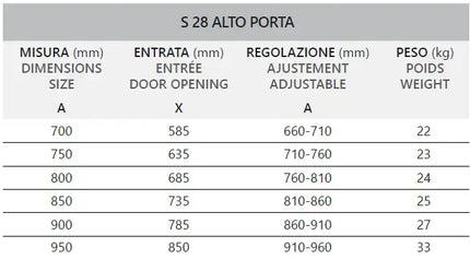Tabella tecnica porta doccia battente Karag S28 H200 6mm: misure da 700 a 950mm, entrata e regolazione in mm, peso