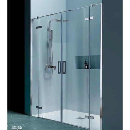 Doppia porta doccia battente Infinity 8mm H200cm nicchia, profili cromati, in bagno moderno con piastrelle esagonali turchese