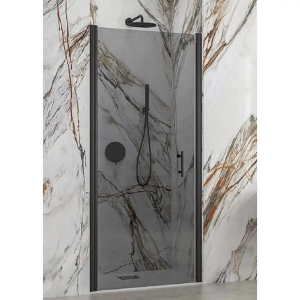 Porta doccia battente pivot H200 cristallo fumè anticalcare 6mm profili nero opaco, marmo bianco con venature dorate