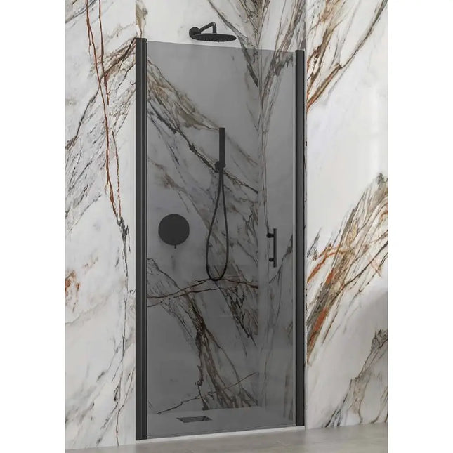 Porta doccia battente pivot H200 cristallo fumè anticalcare 6mm profili nero opaco, marmo bianco con venature dorate