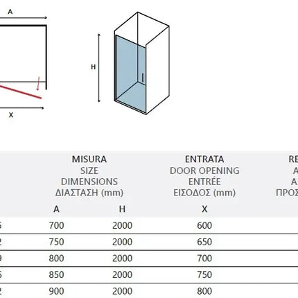 Tabella tecnica porta doccia battente fumè Karag profili neri H200 6mm: misure 700–900mm, entrata e regolazione in mm