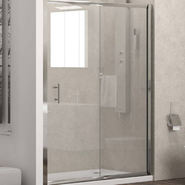 Vista frontale porta doccia scorrevole Karag Flora 500 H190 6mm, cristallo trasparente anticalcare e maniglia cromo integrata