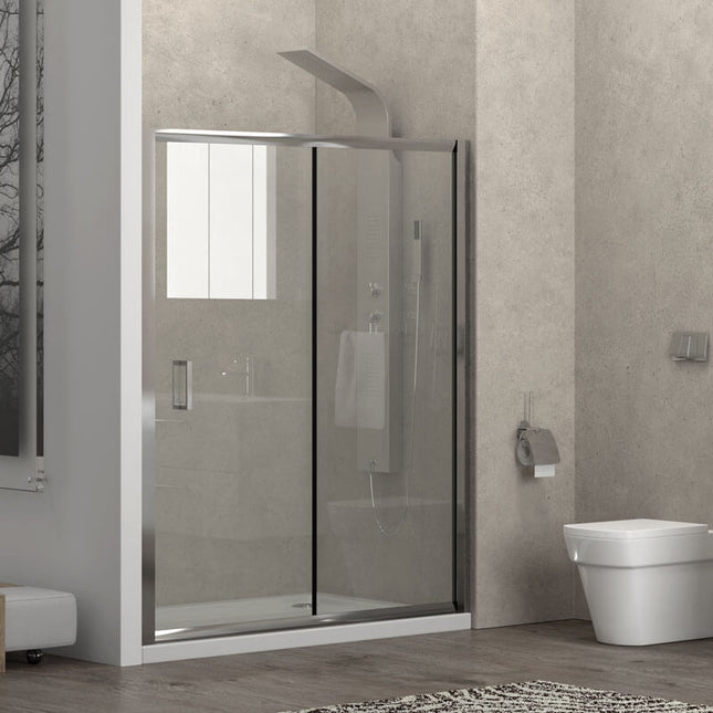 Porta doccia scorrevole H190 anticalcare trasparente 6mm profili cromo Flora 500, in bagno moderno grigio con sanitari sospesi