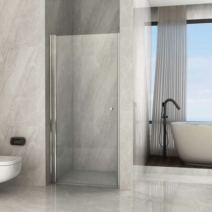 Porta doccia battente totale per nicchia H195 cristallo 8mm trasparente, vista frontale completa in bagno luxury con vasca e rubinetteria