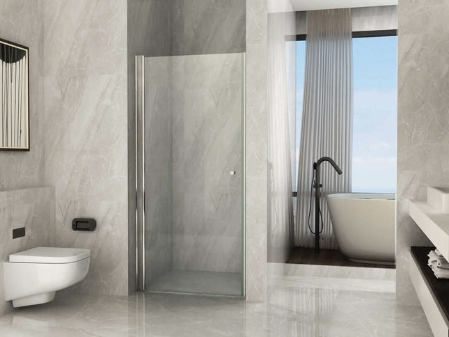Porta doccia battente totale per nicchia H195 cristallo 8mm trasparente, vista frontale completa in bagno luxury con vasca e rubinetteria