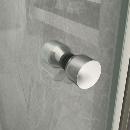 Dettaglio pomolo cromato porta doccia battente totale H195 8mm, pomo tondo in acciaio inox su cristallo trasparente, vista frontale
