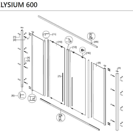 Disegno tecnico esploso porta doccia Karag Elysium 600: vista componenti quotati, profili, guarnizioni, binario e maniglie