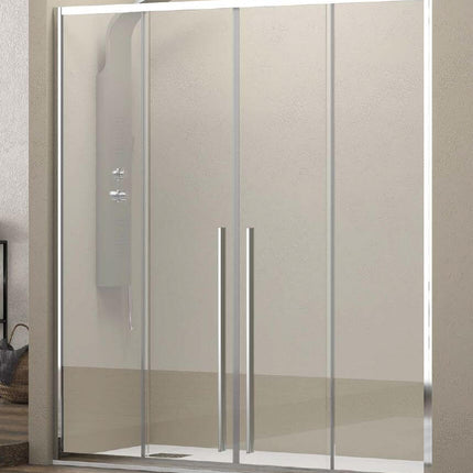 Porta doccia doppio scorrevole ingresso centrale H200 8mm anticalcare, 4 ante cristallo trasparente profili cromo, bagno beige