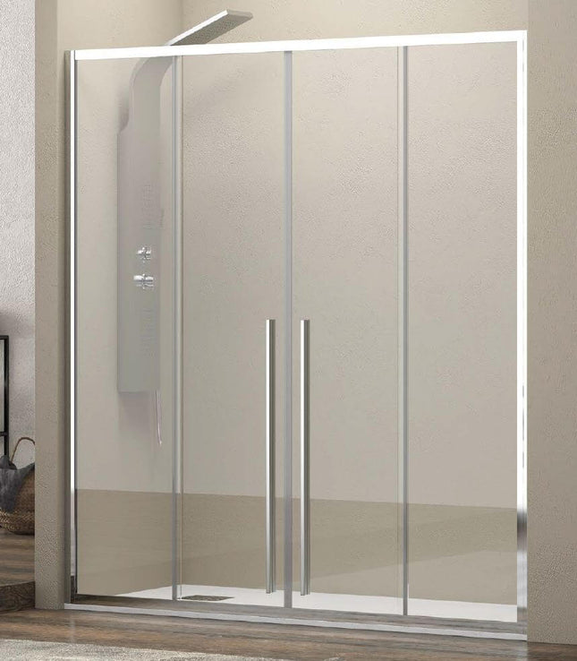 Porta doccia doppio scorrevole ingresso centrale H200 8mm anticalcare, 4 ante cristallo trasparente profili cromo, bagno beige