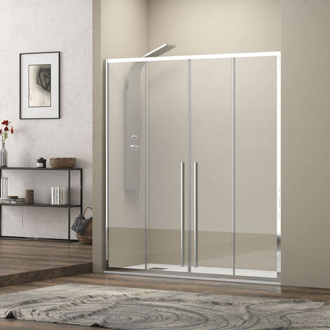 Porta doccia doppio scorrevole centrale 8mm H200 profili cromo, vista d'insieme in ambiente bagno con decori e parquet