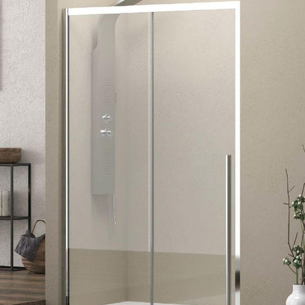 Porta doccia scorrevole H200 cristallo trasparente anticalcare 8mm, profili cromati, maniglia verticale, bagno beige con accessori