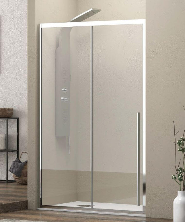 Porta doccia scorrevole H200 cristallo trasparente anticalcare 8mm, profili cromati, maniglia verticale, bagno beige con accessori