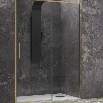 Porta doccia scorrevole H200 cristallo trasparente anticalcare, profili oro opaco, maniglia dorata verticale, bagno ardesia scura