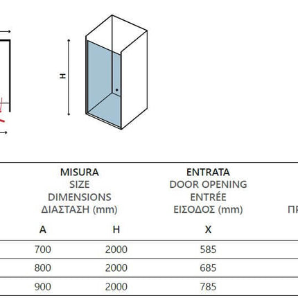 Tabella tecnica porta doccia pivot serigrafata Karag H200: misure 700–900mm, entrata e regolazione in mm