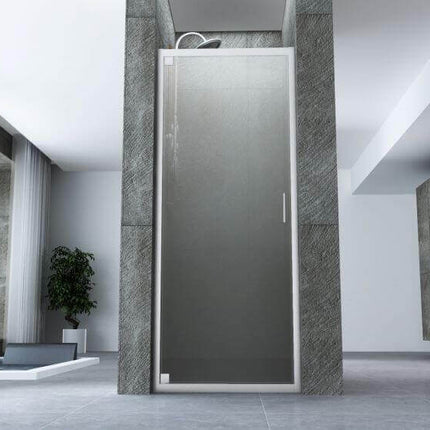 Porta doccia pivot opaca 6mm H190cm in nicchia grigia, vista frontale a anta chiusa in render 3D, bagno moderno luminoso