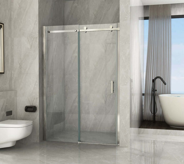 Porta doccia scorrevole per nicchia H195 cristallo 8mm trasparente, vista frontale completa in bagno luxury con vasca free-standing