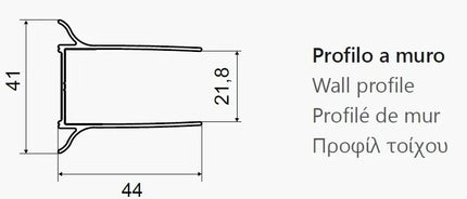 Sezione tecnica quotata del profilo a muro porta doccia Karag: dimensioni 44x41mm, profondità 21,8mm