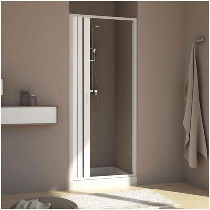 Porta doccia a soffietto PVC per nicchia H185, anta singola con profilo bianco, in bagno con pareti tortora e colonna doccia cromata